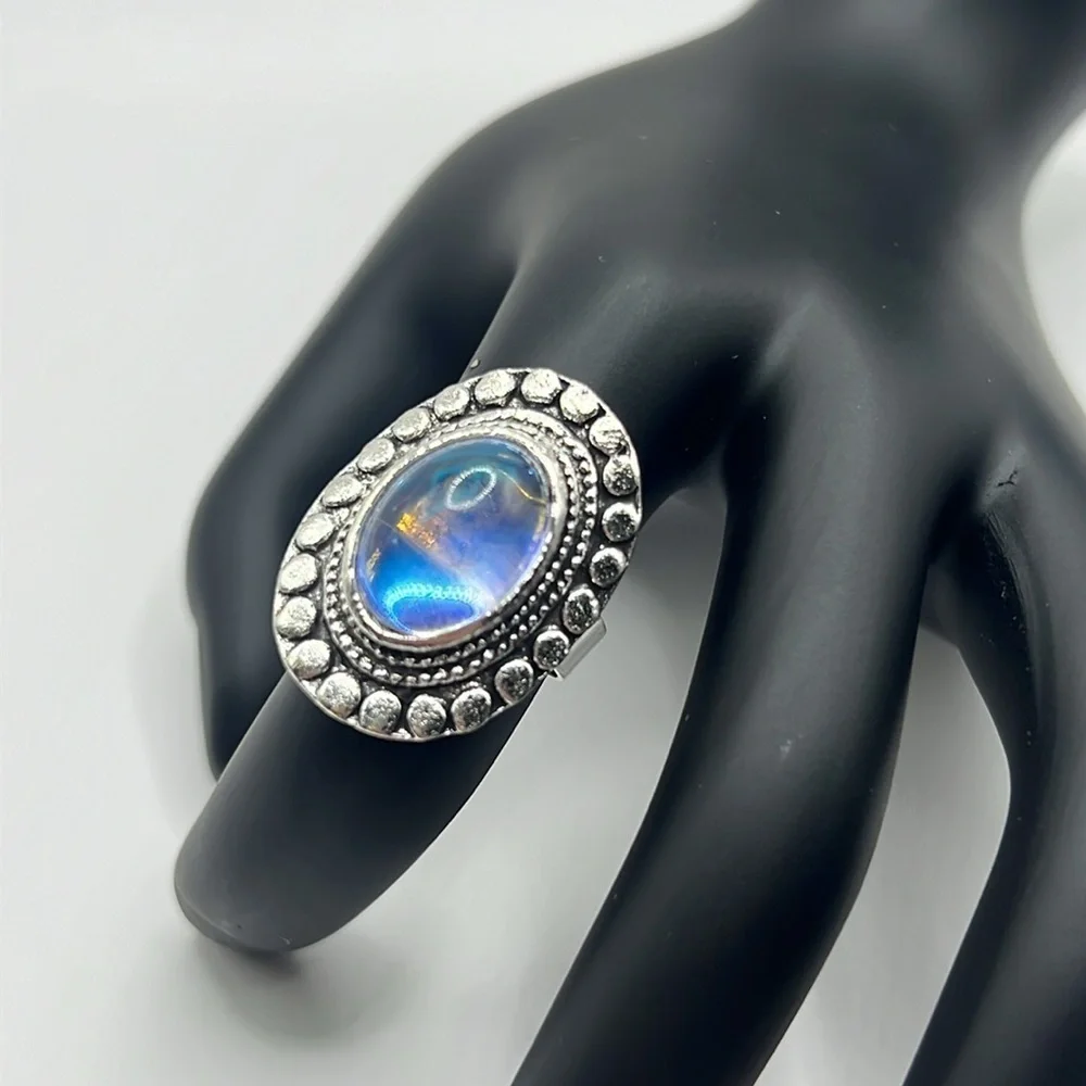 NEW Vintage Shiny Aura Moonstone Oval Adjustable Ring